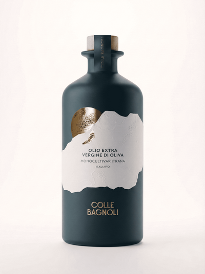 Bottiglia Olio EVO Riserva Colle Bagnoli, vetro blu petrolio con tappo in legno