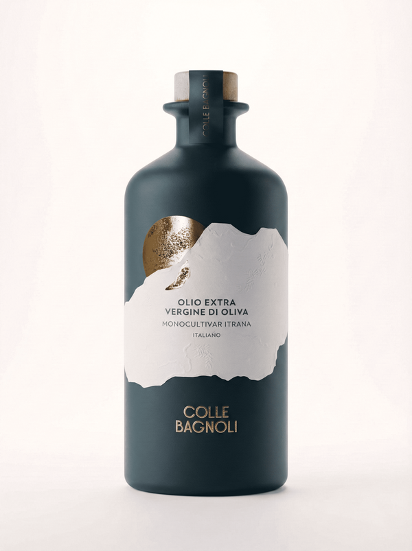 Bottiglia Olio EVO Riserva Colle Bagnoli, vetro blu petrolio con tappo in legno